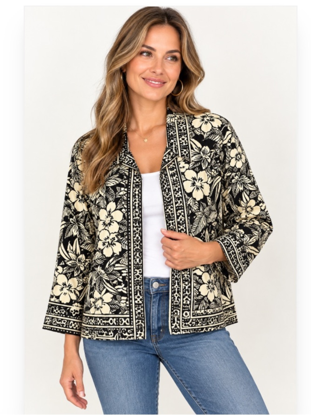 Chicos Design Floral Blazer Jacket Womens Size M/ Black Tan Long Sleeve